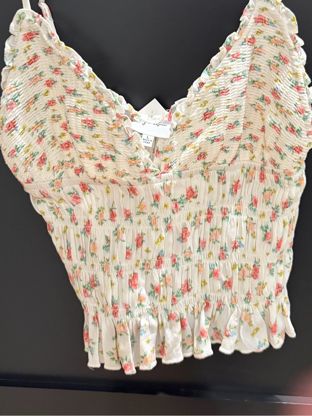 Smocked Floral Cami Tank Top in Cream with Pink Roses